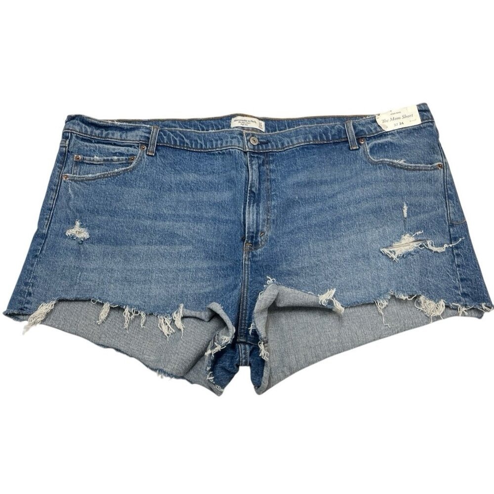 Abercrombie & Fitch The Mom Short High Rise Blue Denim Distressed Size 37 24 NEW